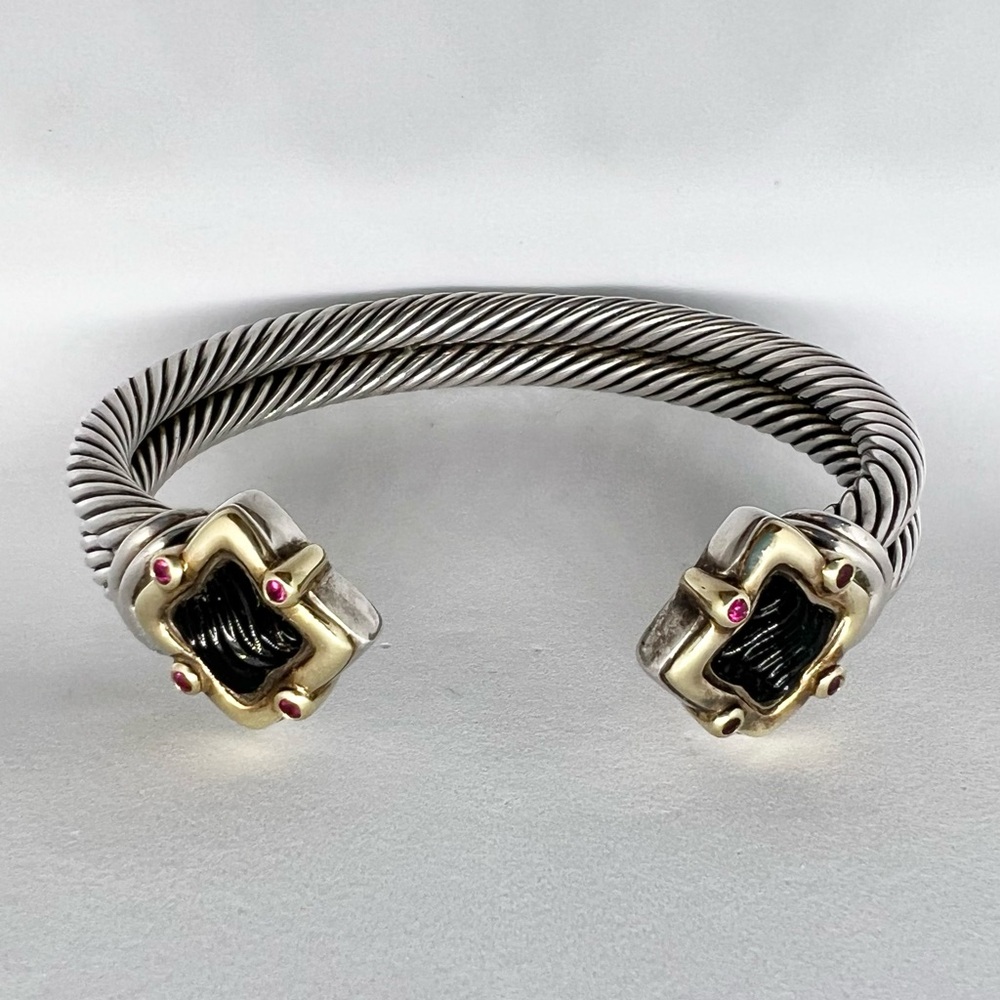 David Yurman Quatrefoil Double Cable Bracelet with Black Onyx, Ruby and Gold
